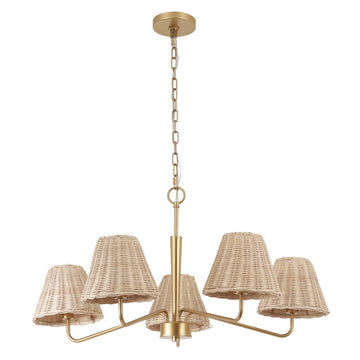 Libby 30" 5-Light Modern Coastal Sleek Woven Rattan/Iron LED Chandelier